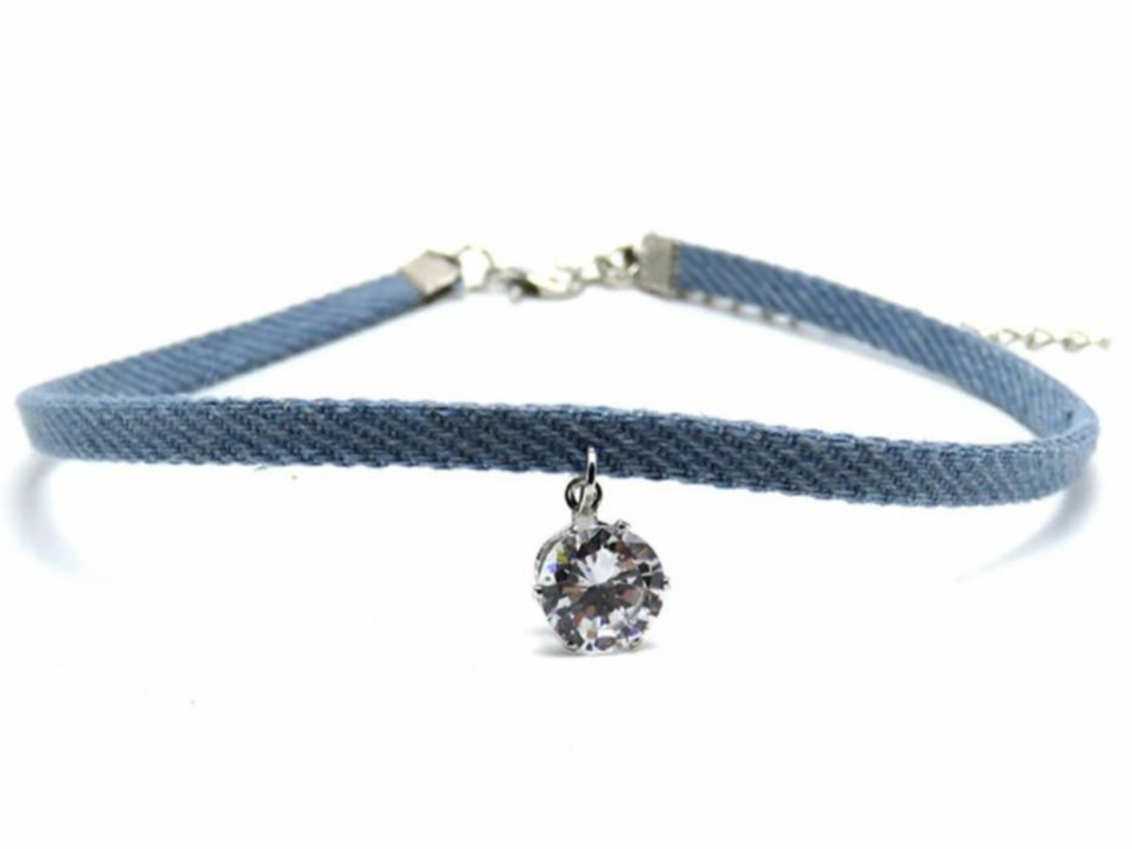 Light Blue Denim Choker With Jewel Accessory