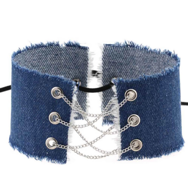 Blue Denim Choker With Gold Chains