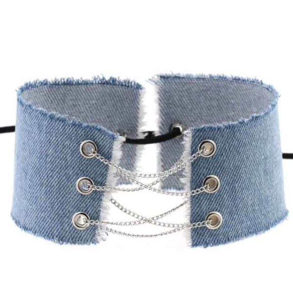 Blue Denim Choker With Gold Chains