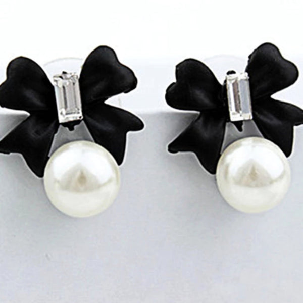 Black Bow With Pearl Attachment Earrings