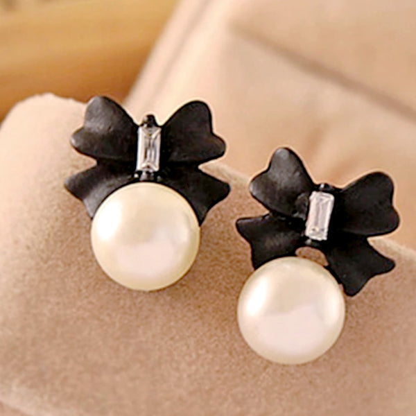 Black Bow With Pearl Attachment Earrings