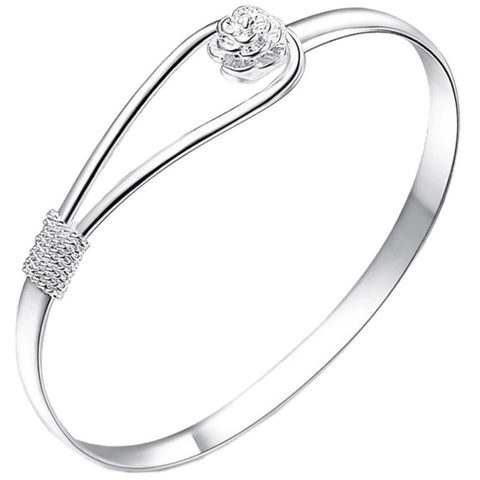 Silver Bangle Bracelet With Rose Accessory